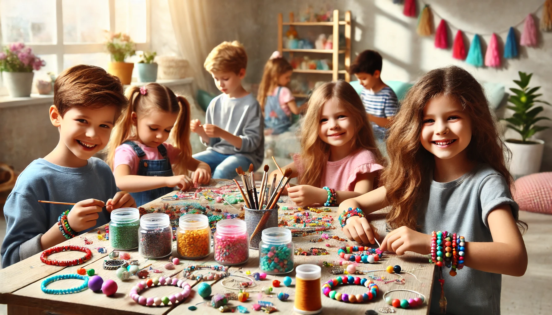 Small group of children at table crafting handmade jewelry